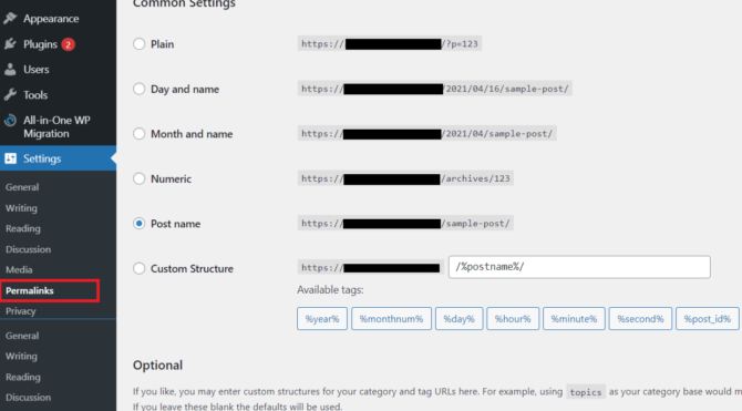wordpress settings